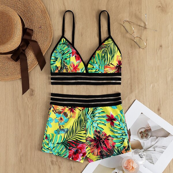 

Tropical Mesh Trim Shorts Bikini Swimsuit, Multicolor