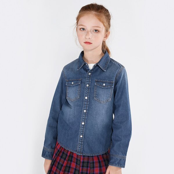 

Girls Letter Embroidered Denim Blouse, Dark wash