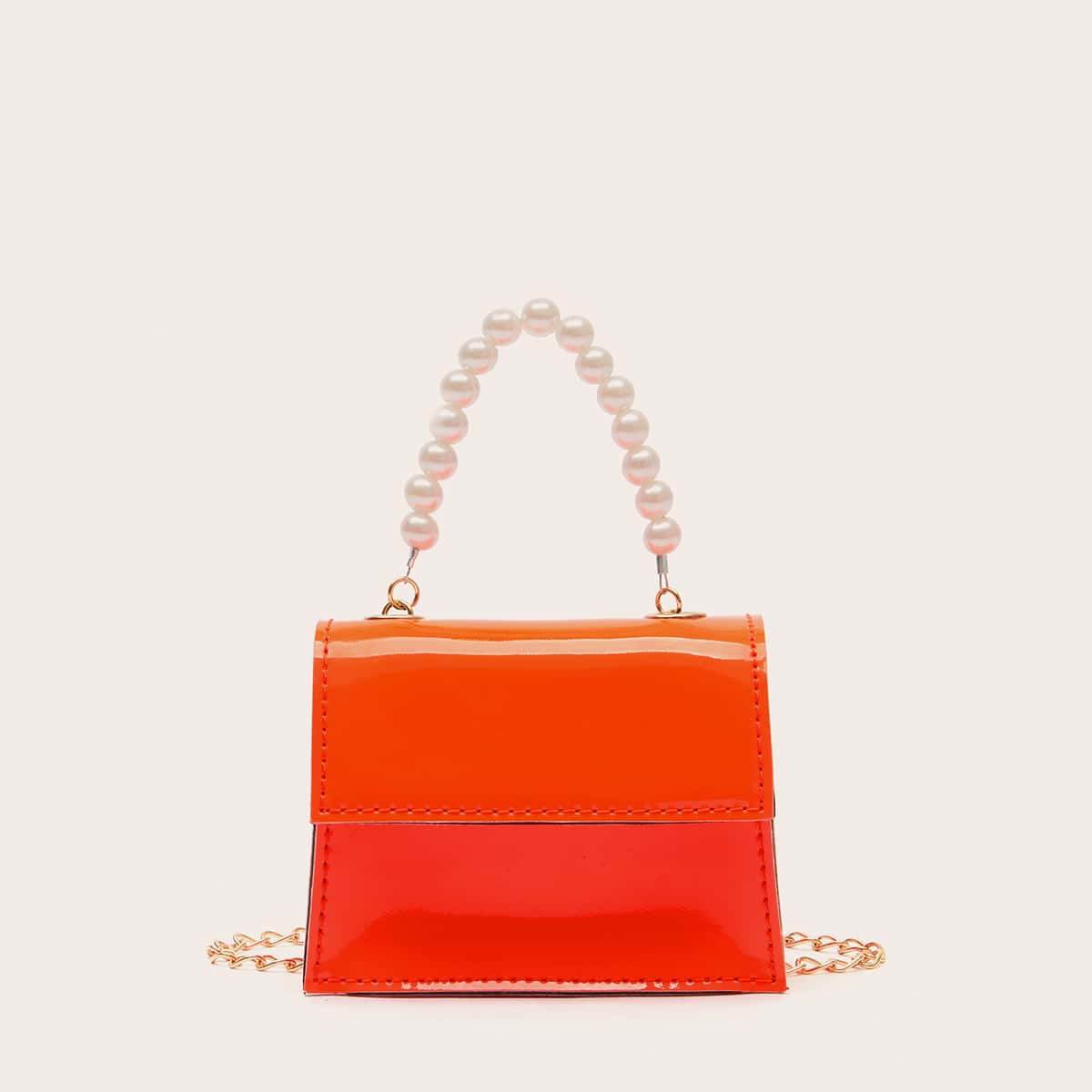 

Mini Faux Pearl Decor Flap Satchel Bag, Orange