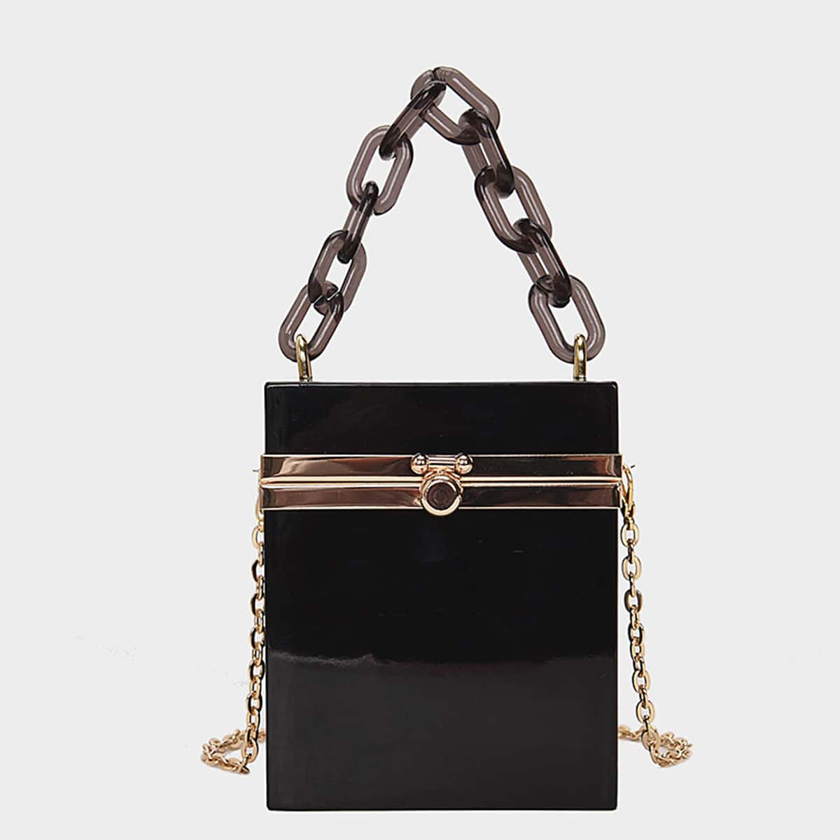 

Chain Handle Box Design Bag, Black