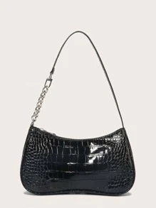 Bolso Baguette Sencillo Para Mujer Con Solapa, Bolso Negro De patrón de piel de cocodrilo Para Debajo Del Brazo, Resistente Al Agua Y Ligero. Bolso De patrón de piel de cocodrilo Casual De Negocios, Perfecto Para Adolescentes, Mujeres, Estudiantes Universitarias, Novatas Y Trabajadoras De Cuello Blanco, Ideal Para La Oficina, La Universidad, El Trabajo, Los Negocios Y El Desplazamiento. - Negro - Ver 1