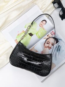 Bolso Baguette Sencillo Para Mujer Con Solapa, Bolso Negro De patrón de piel de cocodrilo Para Debajo Del Brazo, Resistente Al Agua Y Ligero. Bolso De patrón de piel de cocodrilo Casual De Negocios, Perfecto Para Adolescentes, Mujeres, Estudiantes Universitarias, Novatas Y Trabajadoras De Cuello Blanco, Ideal Para La Oficina, La Universidad, El Trabajo, Los Negocios Y El Desplazamiento. - Negro - Ver 2