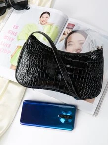 Bolso Baguette Sencillo Para Mujer Con Solapa, Bolso Negro De patrón de piel de cocodrilo Para Debajo Del Brazo, Resistente Al Agua Y Ligero. Bolso De patrón de piel de cocodrilo Casual De Negocios, Perfecto Para Adolescentes, Mujeres, Estudiantes Universitarias, Novatas Y Trabajadoras De Cuello Blanco, Ideal Para La Oficina, La Universidad, El Trabajo, Los Negocios Y El Desplazamiento. - Negro - Ver 3