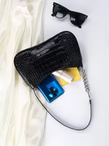 Bolso Baguette Sencillo Para Mujer Con Solapa, Bolso Negro De patrón de piel de cocodrilo Para Debajo Del Brazo, Resistente Al Agua Y Ligero. Bolso De patrón de piel de cocodrilo Casual De Negocios, Perfecto Para Adolescentes, Mujeres, Estudiantes Universitarias, Novatas Y Trabajadoras De Cuello Blanco, Ideal Para La Oficina, La Universidad, El Trabajo, Los Negocios Y El Desplazamiento. - Negro - Ver 4