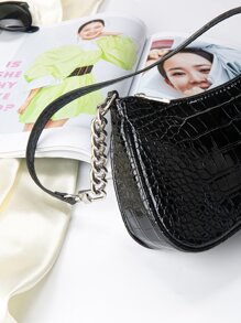 Bolso Baguette Sencillo Para Mujer Con Solapa, Bolso Negro De patrón de piel de cocodrilo Para Debajo Del Brazo, Resistente Al Agua Y Ligero. Bolso De patrón de piel de cocodrilo Casual De Negocios, Perfecto Para Adolescentes, Mujeres, Estudiantes Universitarias, Novatas Y Trabajadoras De Cuello Blanco, Ideal Para La Oficina, La Universidad, El Trabajo, Los Negocios Y El Desplazamiento. - Negro - Ver 5