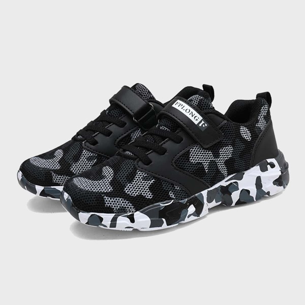 

Boys Camo Graphic Velcro Strap Knit Sneakers, Black and white