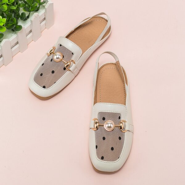 

Girls Polka Dot Contrast Mesh Slingback Flats, White