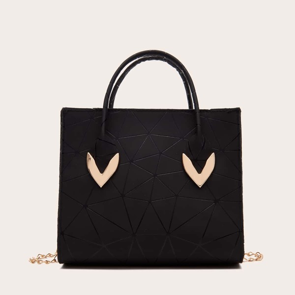 

Geometric Print Chain Satchel Bag, Black