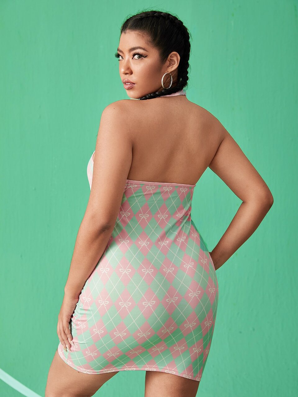 Plus Argyle Pattern Bodycon Halter Dress