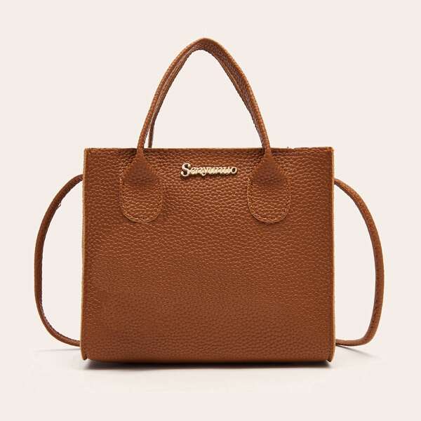 

Metal Letter Detail Satchel Bag, Brown