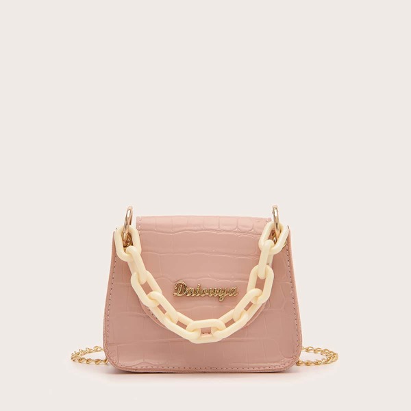 

Mini Croc Embossed Chain Bag, Pink