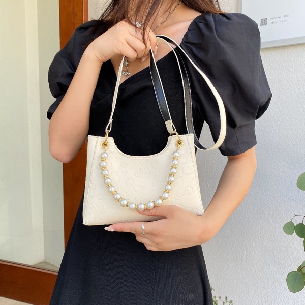 

Faux Pearl Beaded Cartoon Embossed Satchel Bag, Beige