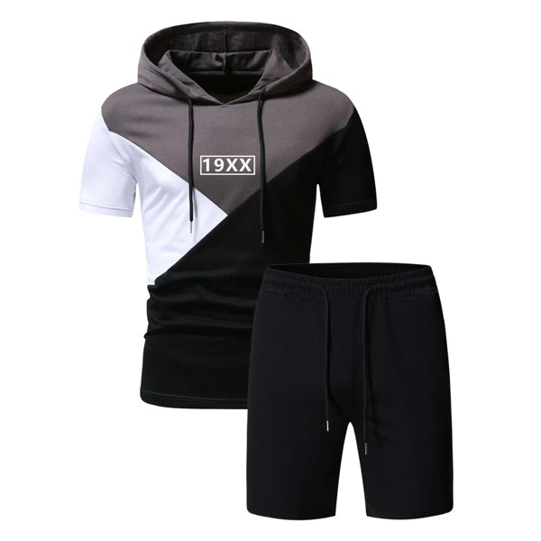 

Men Letter Colorblock Hooded Tee & Shorts, Multicolor