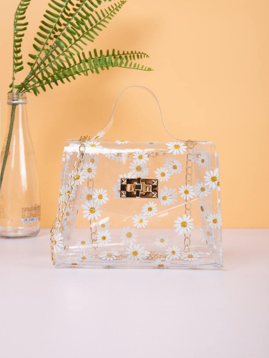 Waterproof Mini Clear Floral Graphic Chain Satchel Bag - White - View 1