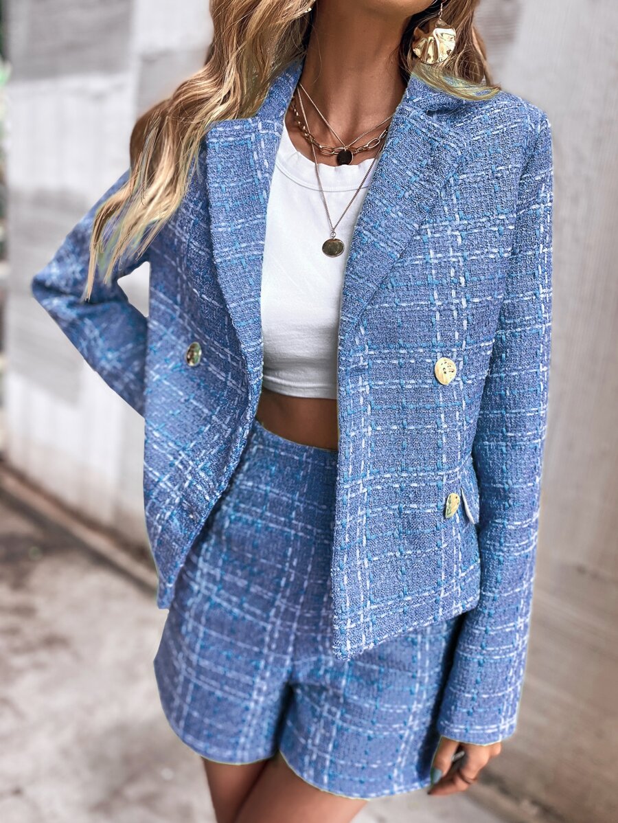 Blazer tweed con solapa con botones - Azul - Ver 1