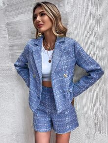 Blazer tweed con solapa con botones - Azul - Ver 5