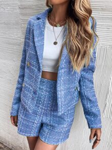 Blazer tweed con solapa con botones - Azul - Ver 6