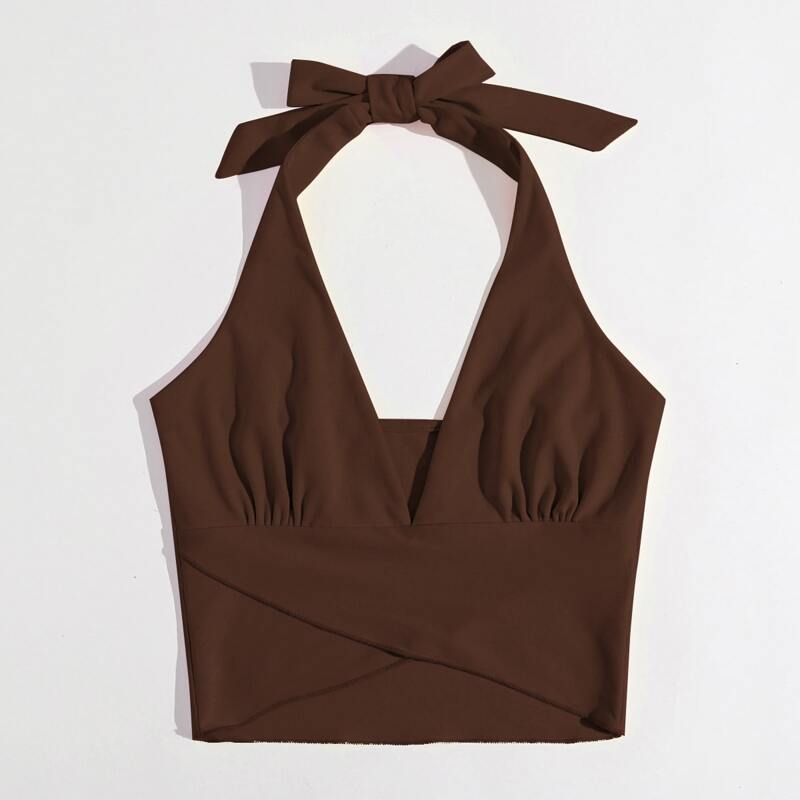 

Solid Halter Crop Top, Chocolate brown
