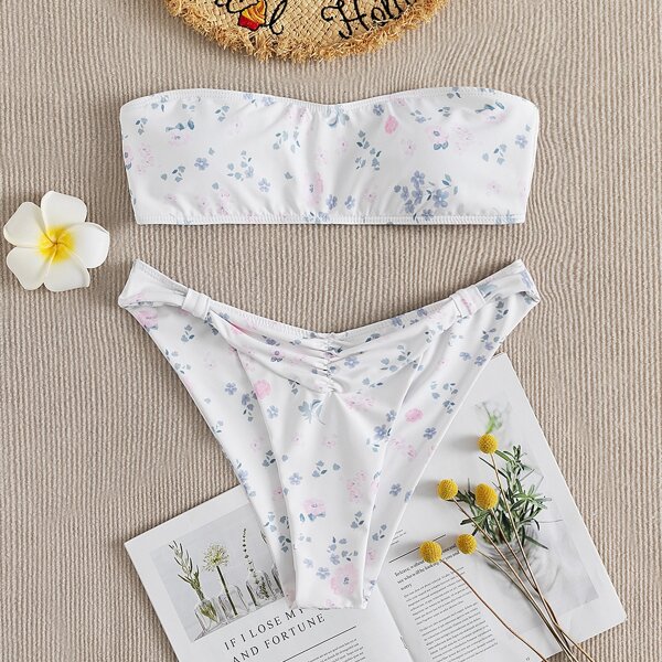 

Floral Random Print Bandeau High Cut Bikini Swimsuit, White