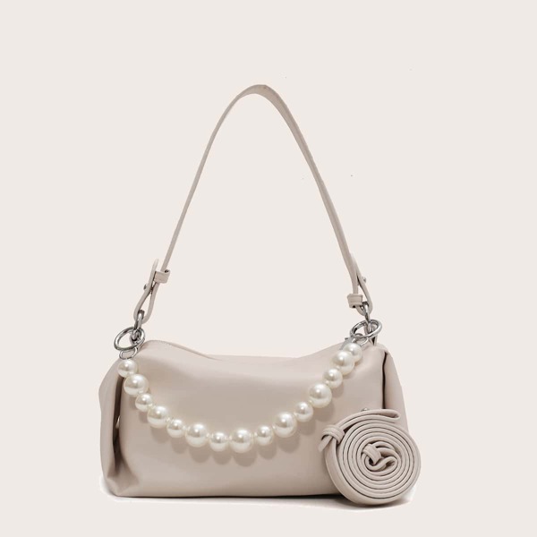 

Faux Pearl Beaded Shoulder Bag, Beige