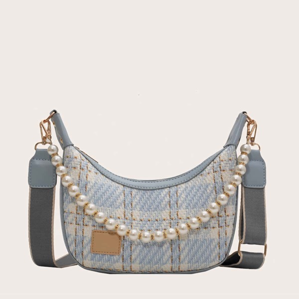 

Faux Pearl Beaded Plaid Shoulder Bag, Baby blue