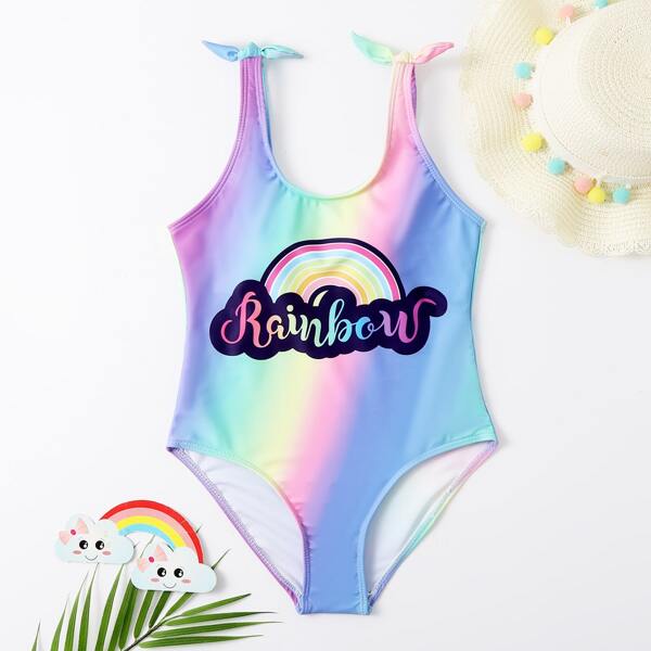 

Girls Rainbow Print One Piece Swimsuit, Multicolor