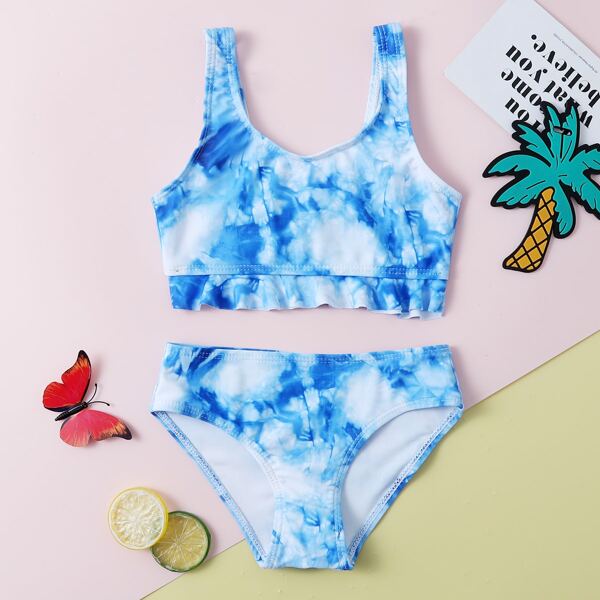 

Toddler Girls Tie Dye Ruffle Hem Bikini Swimsuit, Multicolor