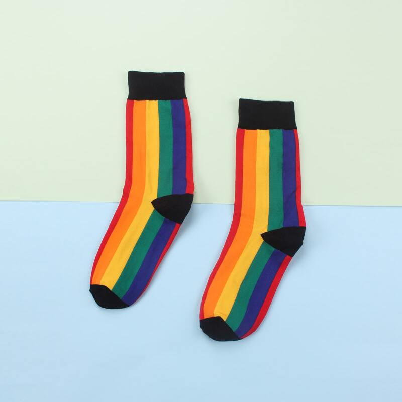 

1pair Colorful Striped Crew Socks, Multicolor