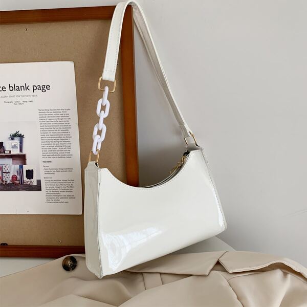 

Patent Baguette Bag, White