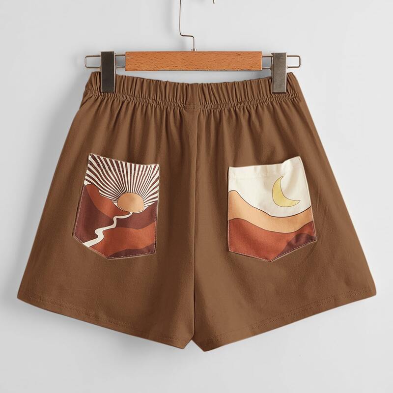 

Sun & Moon Graphic Pocket Shorts, Coffee brown
