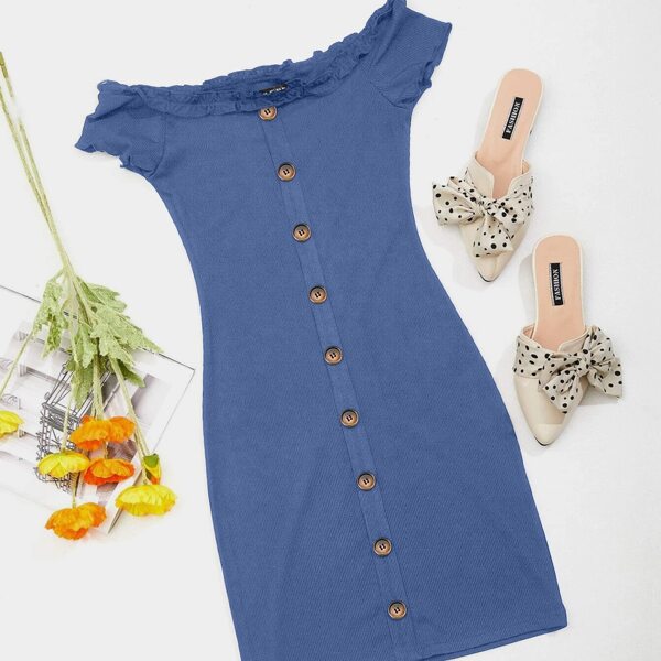 

Off Shoulder Button Up Dress, Dusty blue