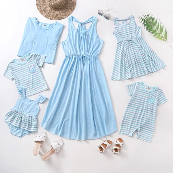 

Baby Girl Striped Ruffle Trim Bodysuit Dress, Baby blue