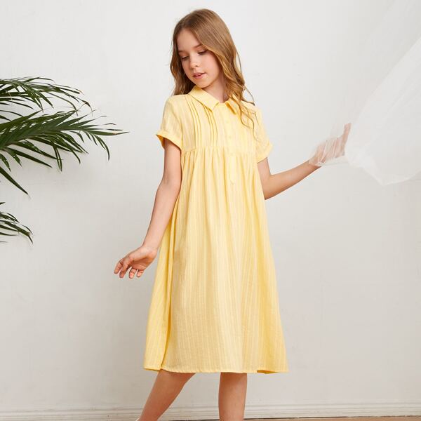 

Girls Cuffed Sleeve Half Button Front Smock Dress, Yellow