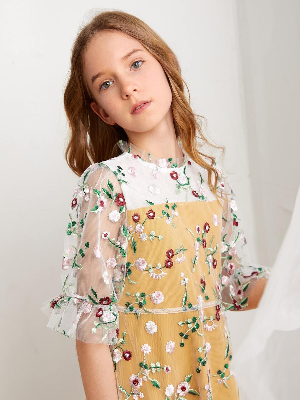 Girls Floral Embroidery Mesh Overlay Dress