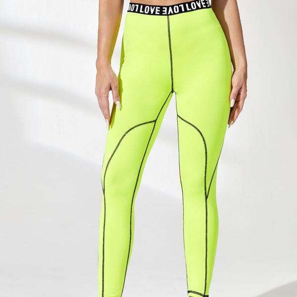 

Breathable Neon Green Letter Graphic Sports Leggings, Lime green