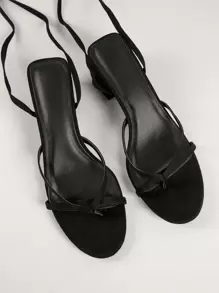 SHUZIA 女士夾腳粗跟時尚黑色珍珠T字帶涼鞋