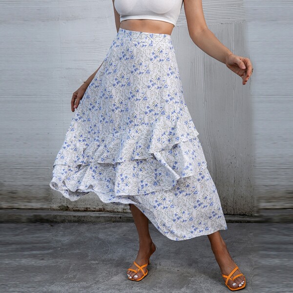

Floral Print Ruffle Hem Skirt, Blue and white