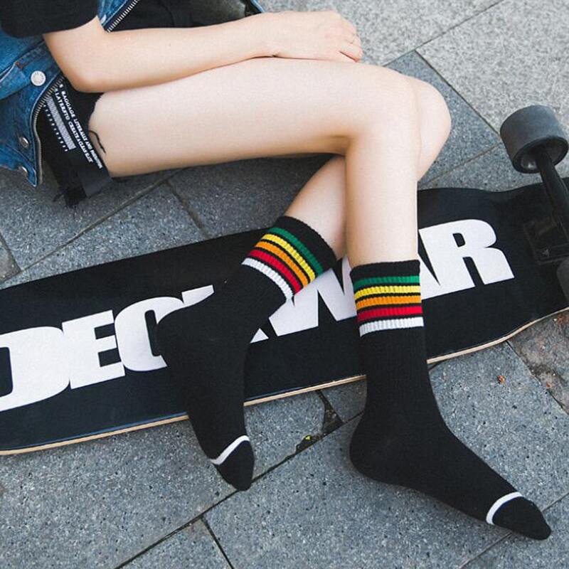 

1pair Colorful Striped Crew Socks, Black