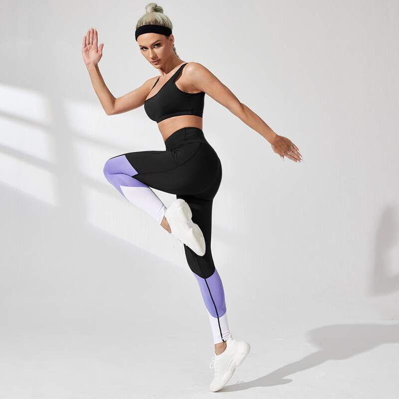 

Breathable Color Block Sports Leggings, Black