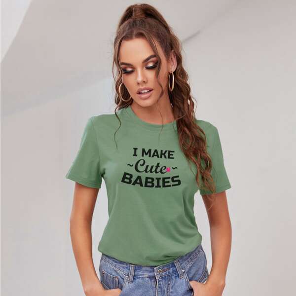 

Slogan Graphic Short Sleeve Tee, Mint green