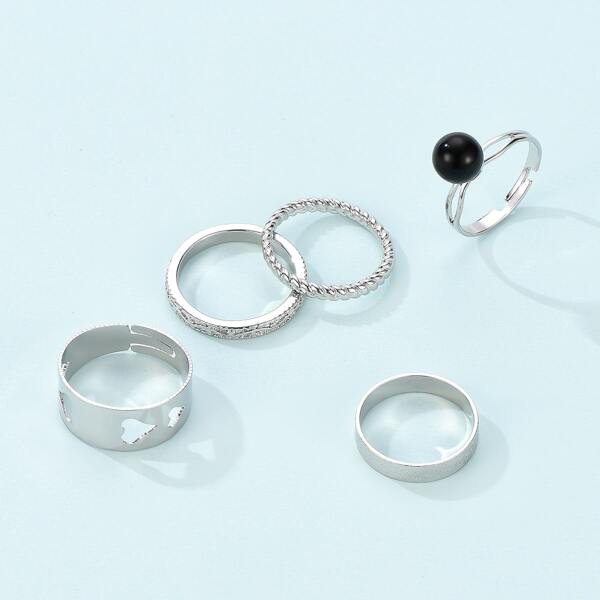 

5pcs Hollow Out Heart Design Ring, Silver