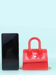 Girls Patent Chain Satchel Bag - Red - View 4