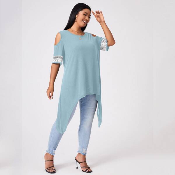 

Plus Lace Panel Cold Shoulder Asymmetrical Tee, Blue