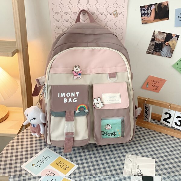 

Cartoon Charm Pocket Front Backpack, Mauve purple