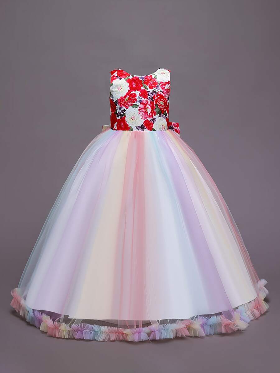 Girls Floral Print Ombre Mesh Panel Big Bow Back Gown Dress - Multicolor - View 1