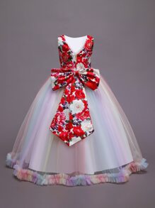 Girls Floral Print Ombre Mesh Panel Big Bow Back Gown Dress - Multicolor - View 2