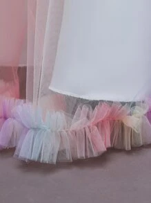 Girls Floral Print Ombre Mesh Panel Big Bow Back Gown Dress - Multicolor - View 4