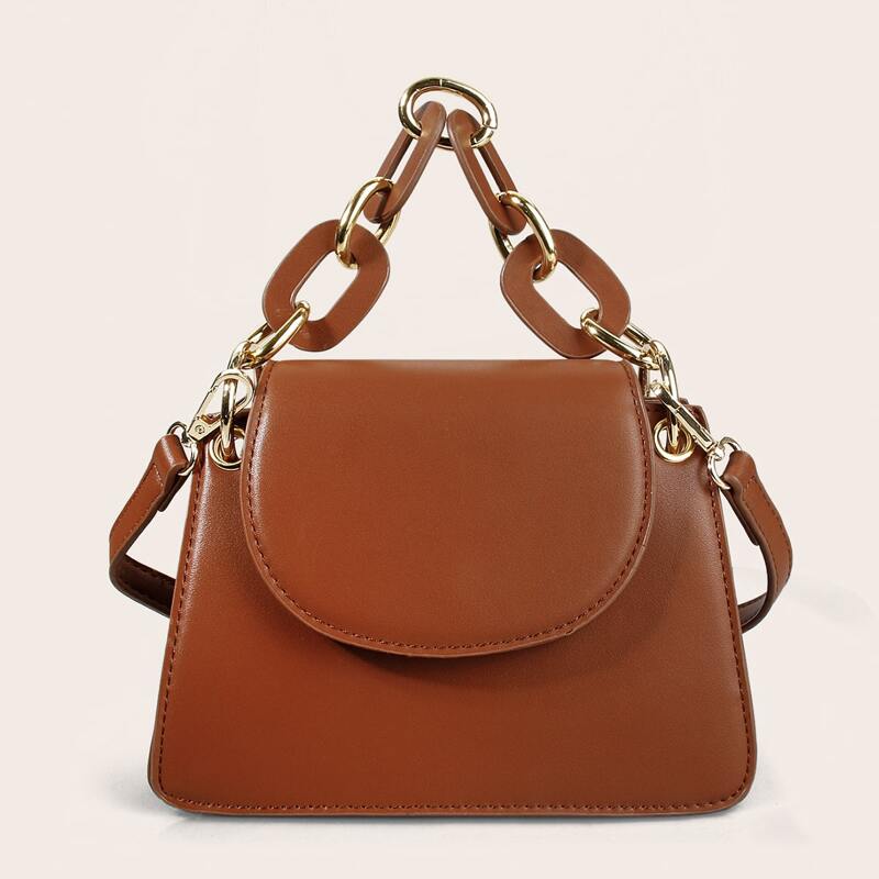

Chain Handle Flap Satchel Bag, Brown
