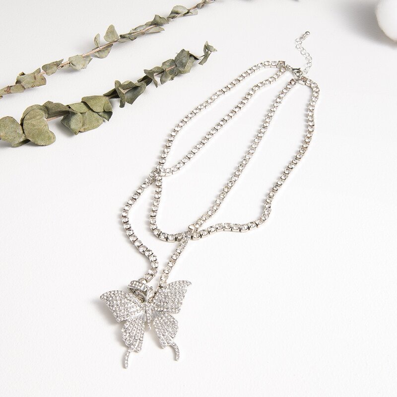 

2pcs Butterfly Rhinestone Decor Necklace, Silver