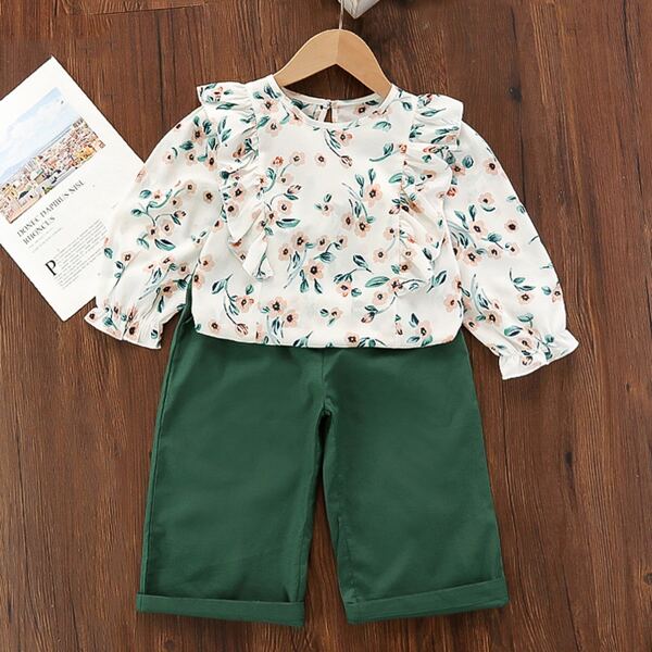 

Toddler Girls Floral Print Ruffle Trim Top & Solid Pants, Multicolor
